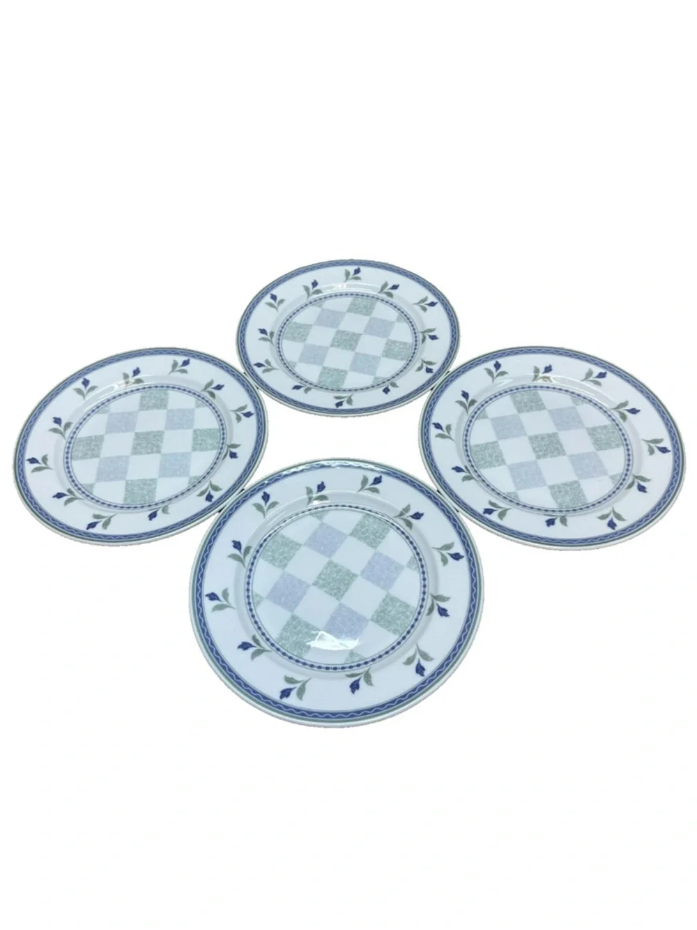 Vintage Oneida Gaiety Salad Round Plates Set 4 Blue Floral Check Porcelain Dish